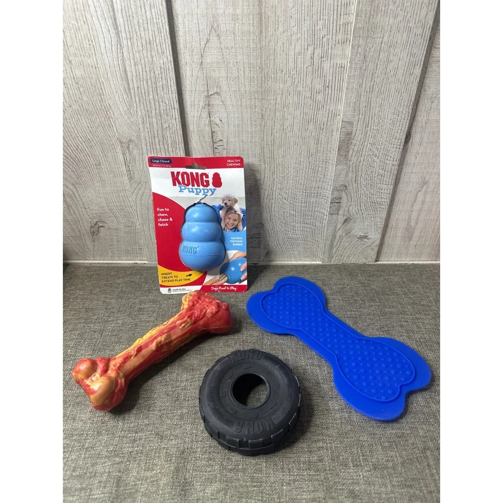 KONG Puppy Large Blue Treat Toy Tire Bone and Lick Mat Dog Toy Mixed Bundle 4pc
